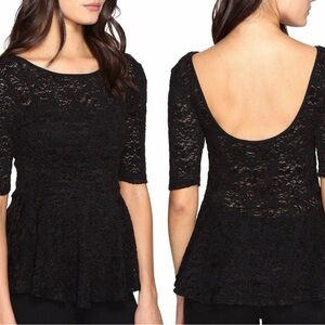 Free People Black Chenille Lace Stretch Blouse size Medium Peplum Romantic
